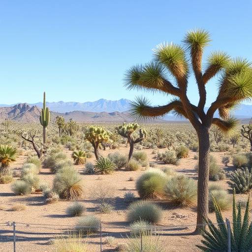 Desert location: a vast, open desert landscape with Joshua trees and mountains in the distance