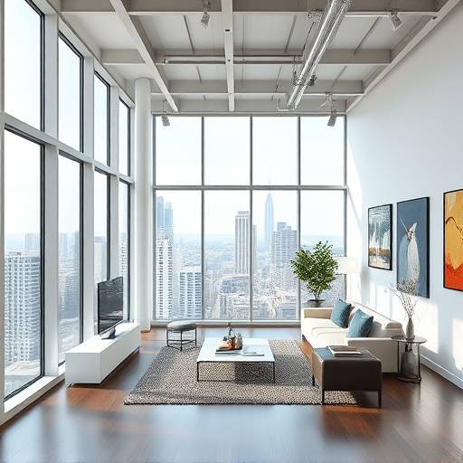 Image of a modern minimalist loft apartment with city views
