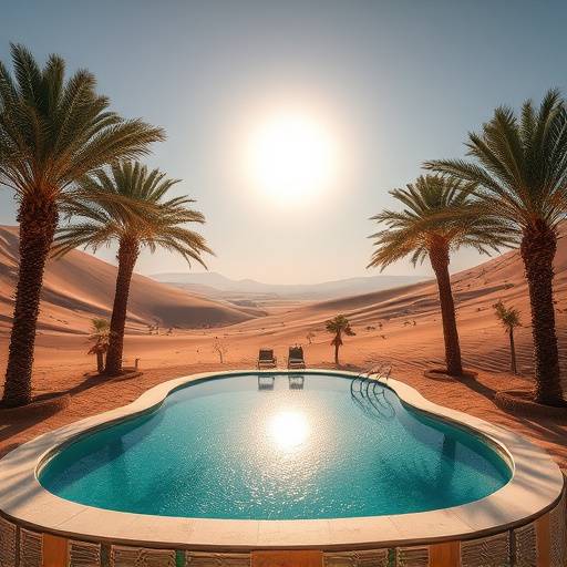 Image of a secluded desert oasis with palm trees and a swimming pool