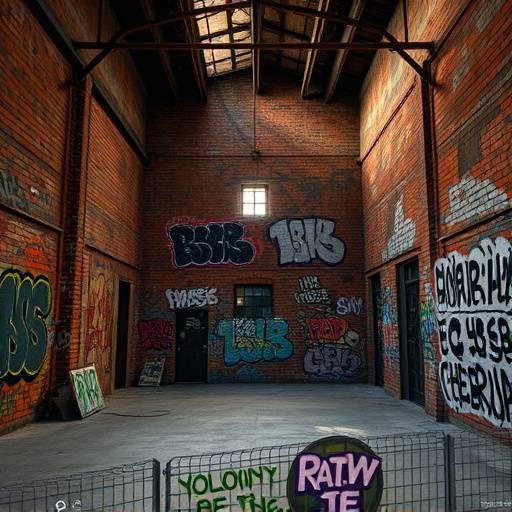 Industrial location: an abandoned warehouse with graffiti art and exposed brick walls in the Arts District of Los Angeles