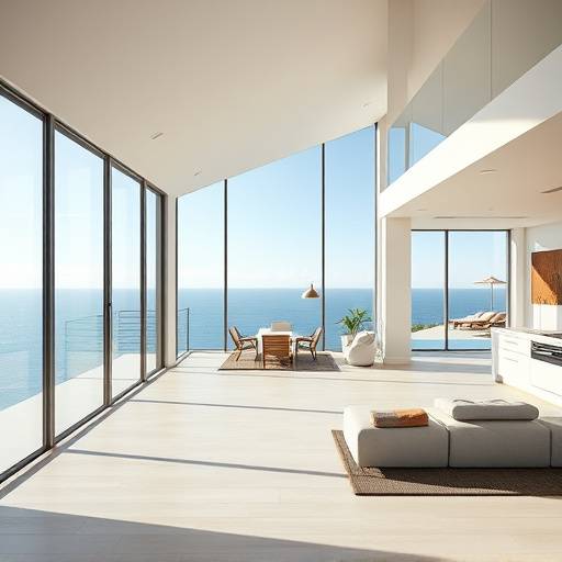 Modern architectural location: a sleek, minimalist house with floor-to-ceiling windows overlooking the ocean in Malibu