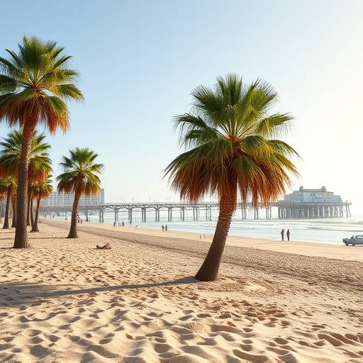Sandy beach location with palm trees and the Santa Monica Pier in the background