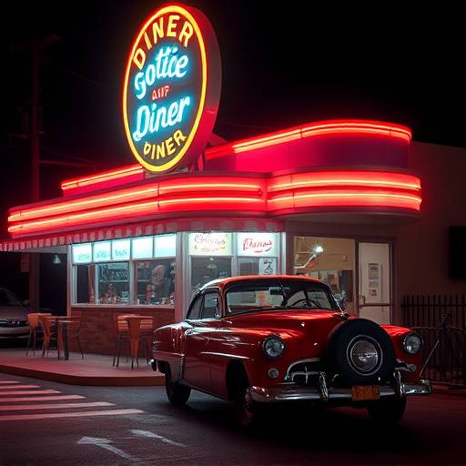 Unique diner location: A vintage diner with neon lights and classic car parked outside.