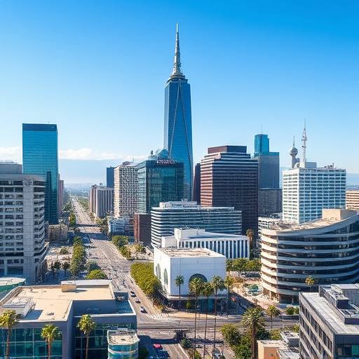 Urban cityscape location with modern skyscrapers and bustling streets in downtown Los Angeles